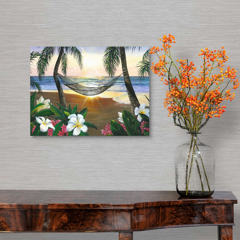 A traditional room featuring This is a landscape painting of plumeria blossoms, a hammock hanging between two palm trees, and ...