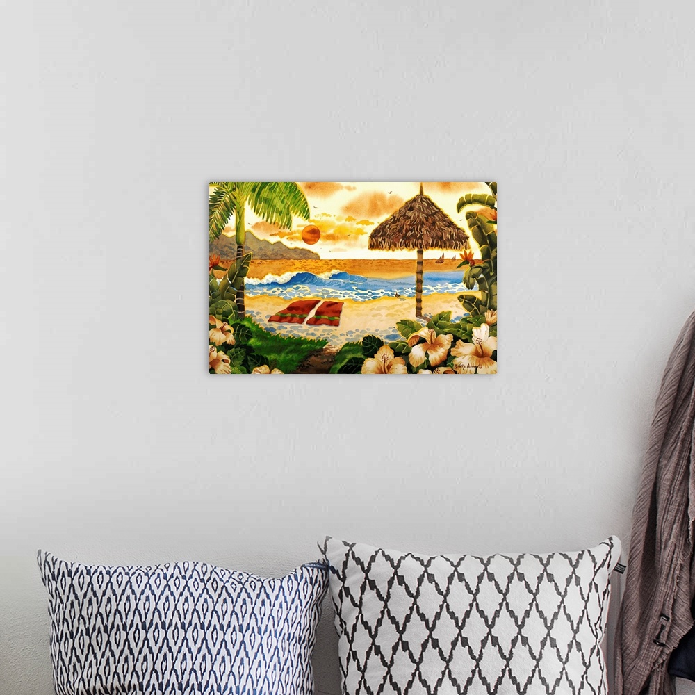 A bohemian room featuring Watercolor painting of a tropical beach scene, with hibiscus flowers, a raffia parasol, and ocean...