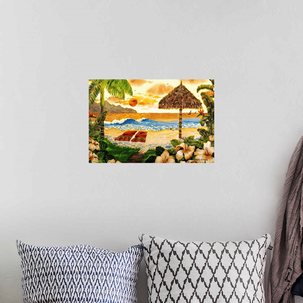 A bohemian room featuring Watercolor painting of a tropical beach scene, with hibiscus flowers, a raffia parasol, and ocean...