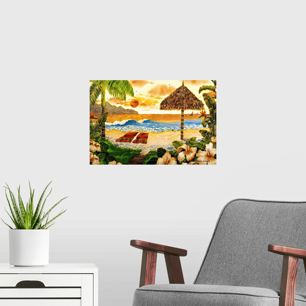 A modern room featuring Watercolor painting of a tropical beach scene, with hibiscus flowers, a raffia parasol, and ocean...
