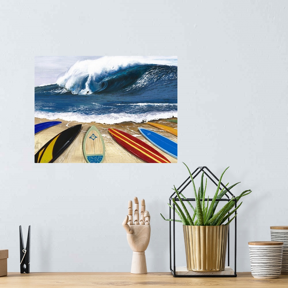 A bohemian room featuring Large painting of surfboards laying on a beach with a surfer riding a big wave in the distnace.