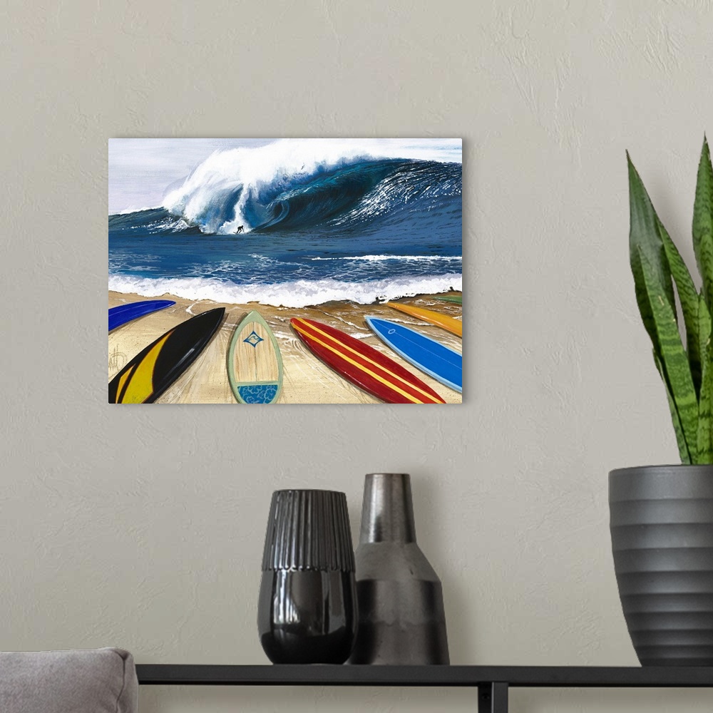 A modern room featuring Large painting of surfboards laying on a beach with a surfer riding a big wave in the distnace.
