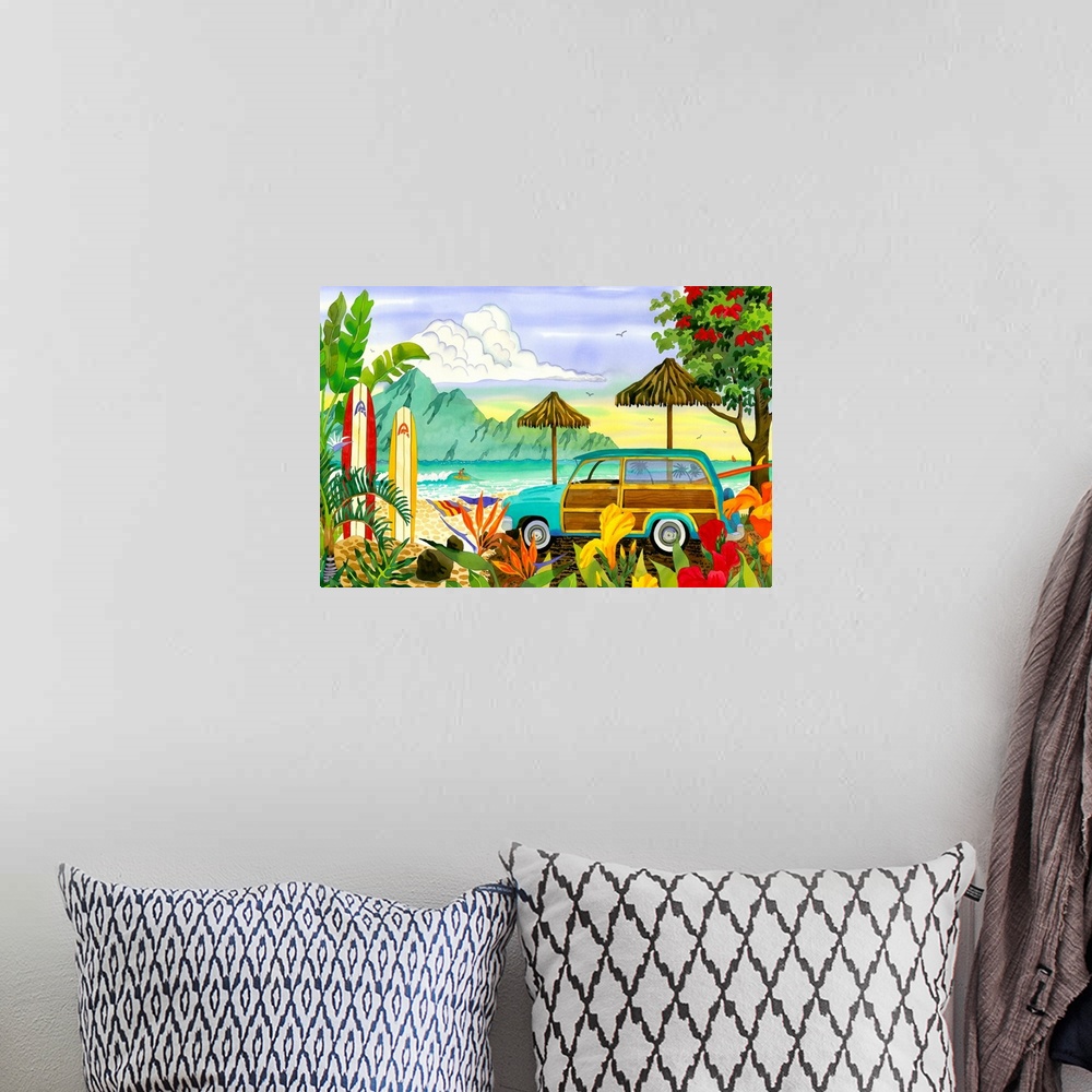 A bohemian room featuring Big, horizontal canvas art of a woody station wagon parked near a beach with palms and brightly c...