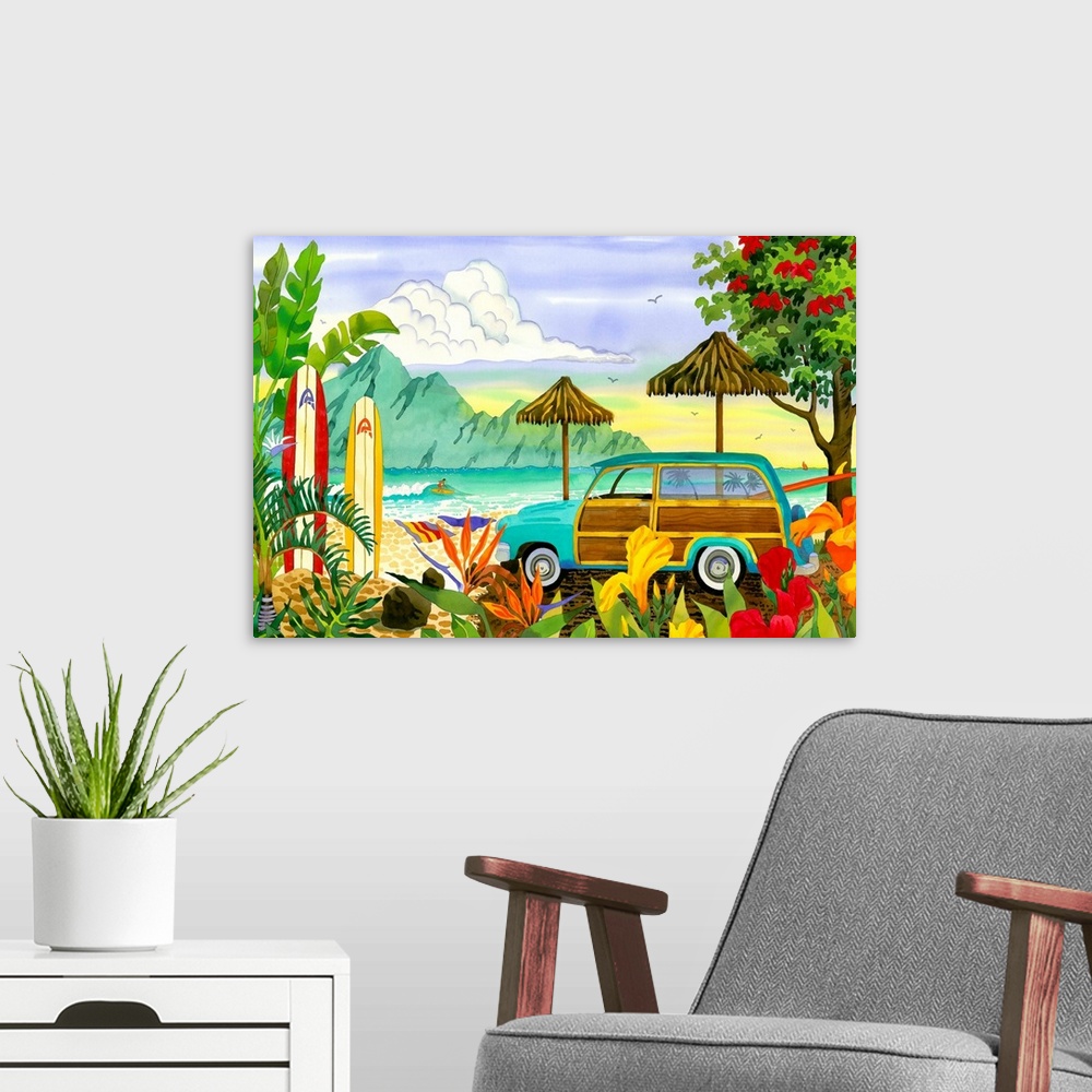 A modern room featuring Big, horizontal canvas art of a woody station wagon parked near a beach with palms and brightly c...