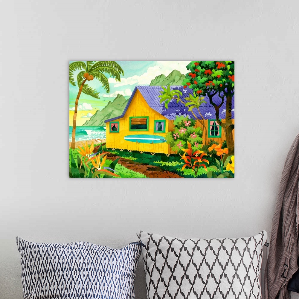 A bohemian room featuring Contemporary art drawing of a small beach cottage by the waters with a surfboard leaning up again...