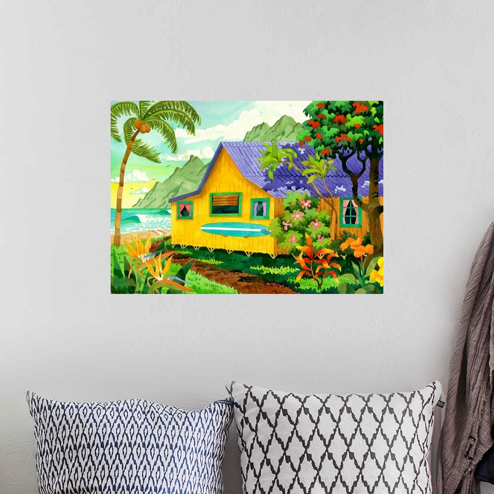 A bohemian room featuring Contemporary art drawing of a small beach cottage by the waters with a surfboard leaning up again...