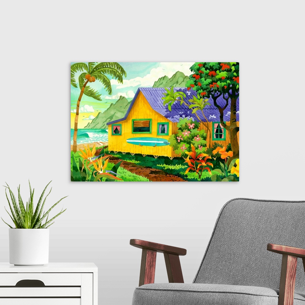 A modern room featuring Contemporary art drawing of a small beach cottage by the waters with a surfboard leaning up again...