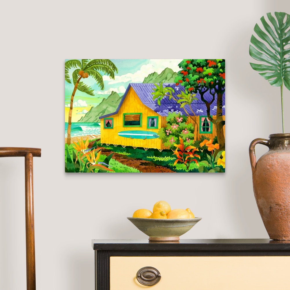 A traditional room featuring Contemporary art drawing of a small beach cottage by the waters with a surfboard leaning up again...