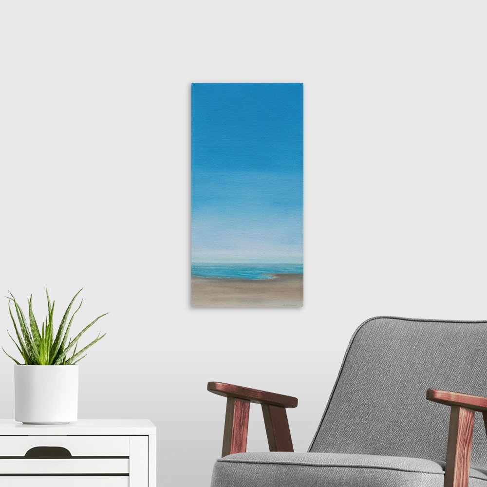 A modern room featuring Panel painting of a calm and peaceful beach landscape.