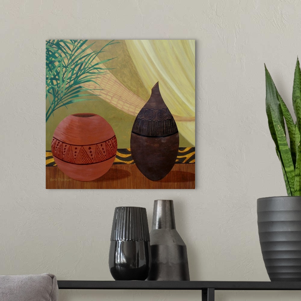 A modern room featuring Square still life painting of two African pots with lined designs.