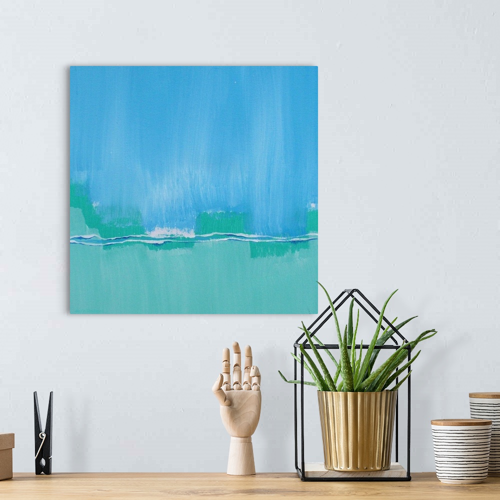 A bohemian room featuring Abstract painting representing an arctic landscape in shades of blue, green, and white on a squar...