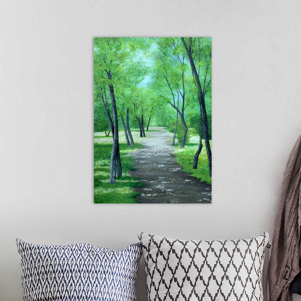 A bohemian room featuring Landscape painting of a path leading through a park filled with lush green trees in Asheville, NC.