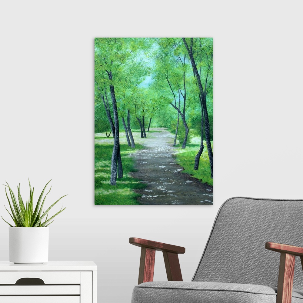 A modern room featuring Landscape painting of a path leading through a park filled with lush green trees in Asheville, NC.