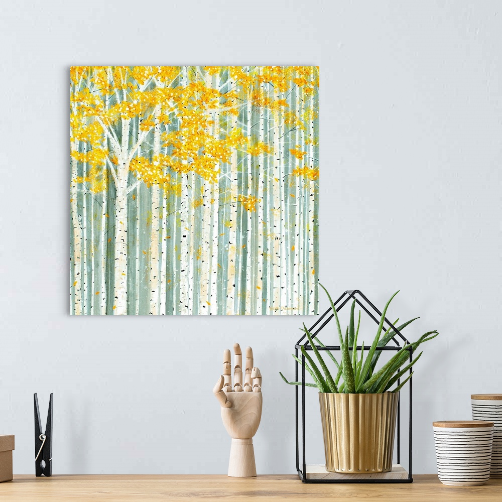 A bohemian room featuring Square painting covered in Aspen trees with yellow Autumn leaves.