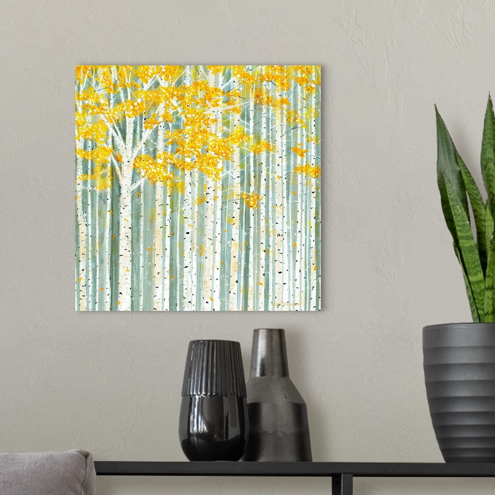 A modern room featuring Square painting covered in Aspen trees with yellow Autumn leaves.