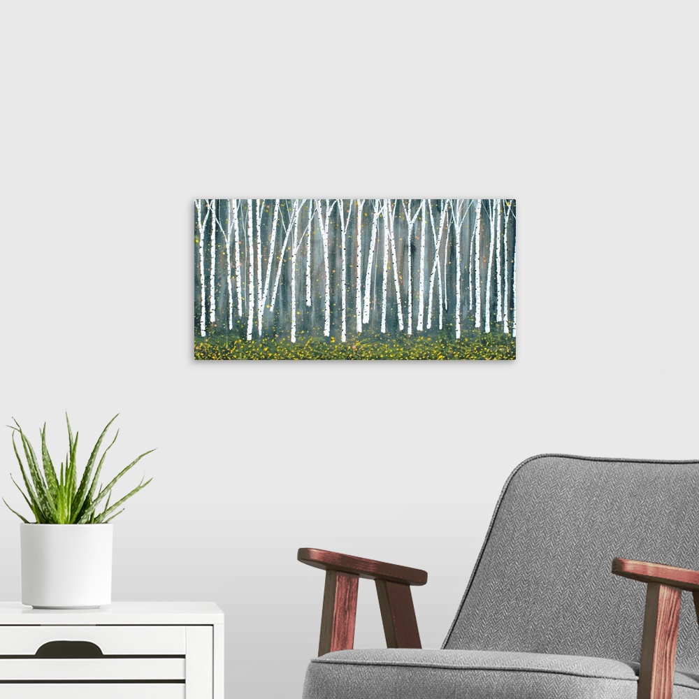 A modern room featuring Contemporary painting of Birch trees in the forest with yellow falling leaves.