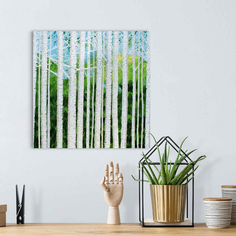 A bohemian room featuring Square painting of textured Birch tree trunks and branches with a green and blue background.