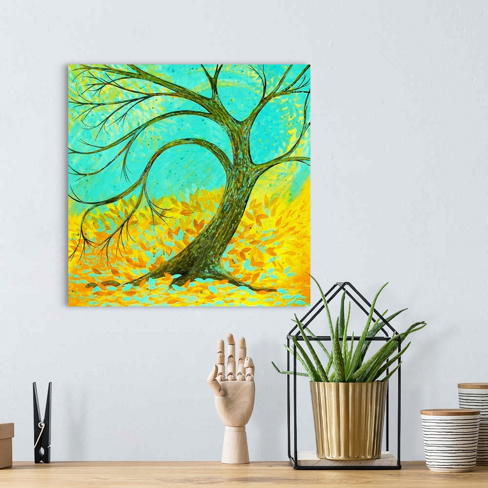 A bohemian room featuring Painting of a single curved tree with yellow and gold Autumn leaves blowing in a swirl in the bac...
