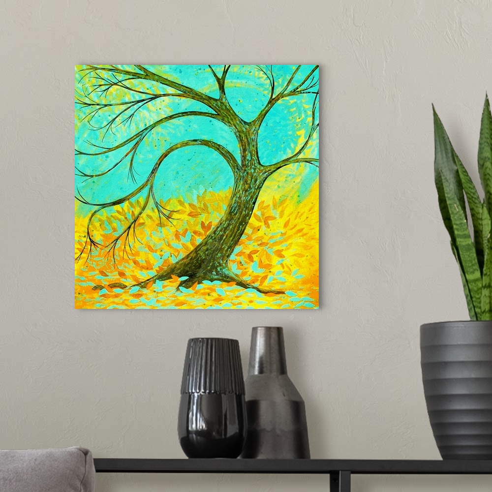 A modern room featuring Painting of a single curved tree with yellow and gold Autumn leaves blowing in a swirl in the bac...