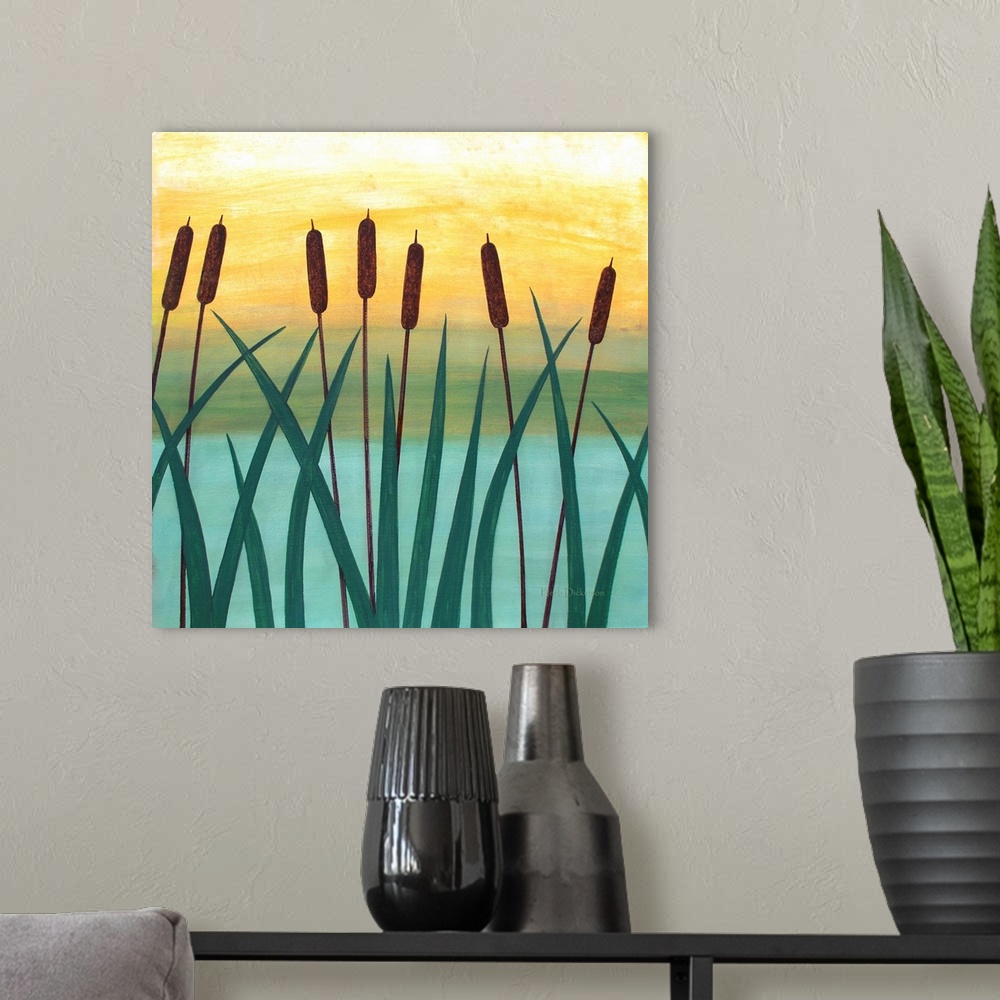 A modern room featuring Square painting of cattails by the river with blue, green, brown, and yellow hues.