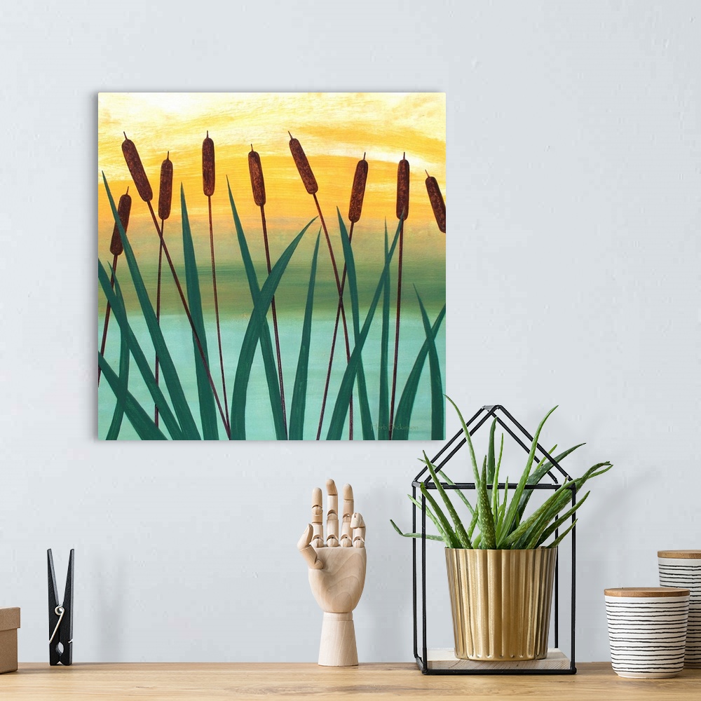 A bohemian room featuring Square painting of cattails by the river with blue, green, brown, and yellow hues.