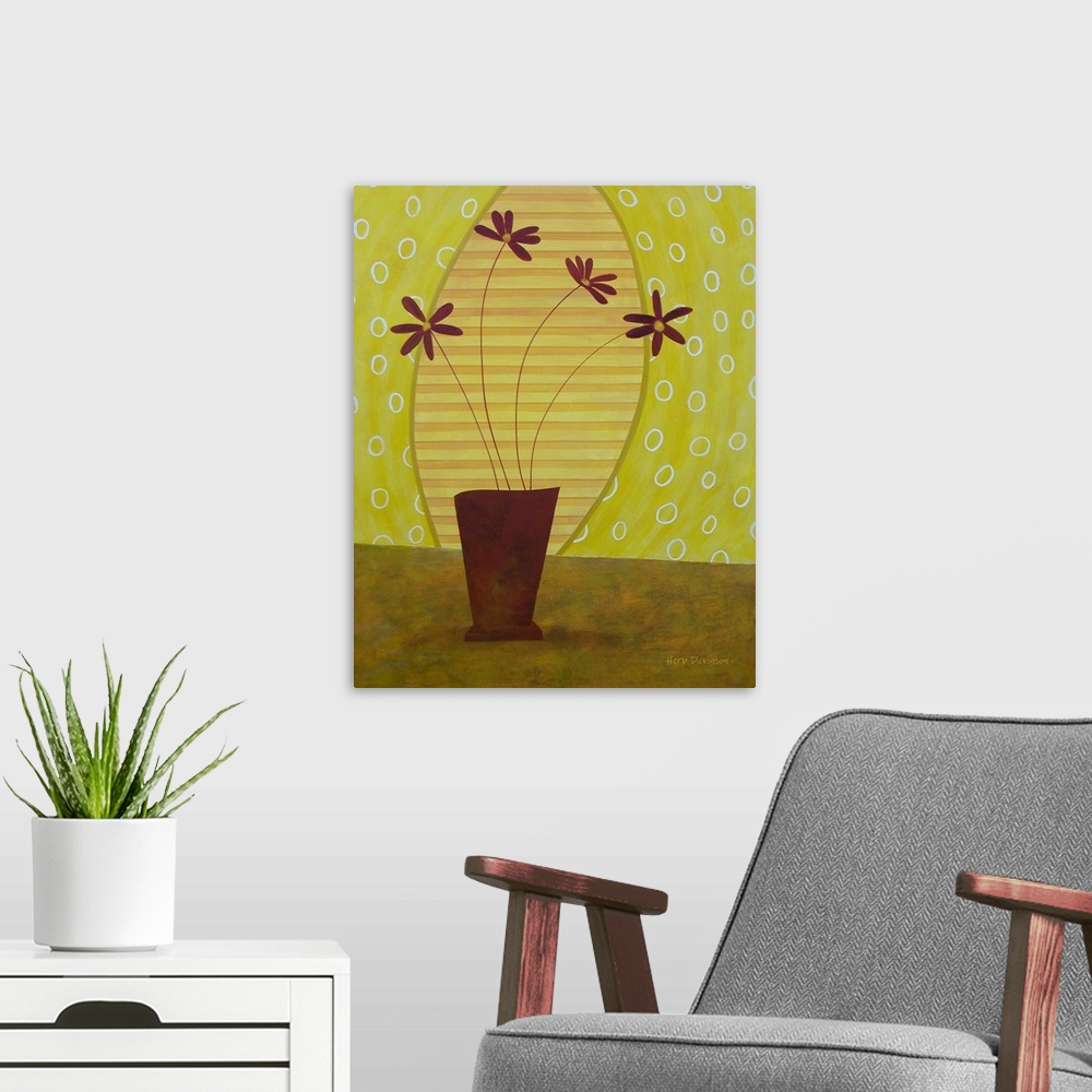 A modern room featuring Modern painting of a potted plant on a green and yellow patterned background.