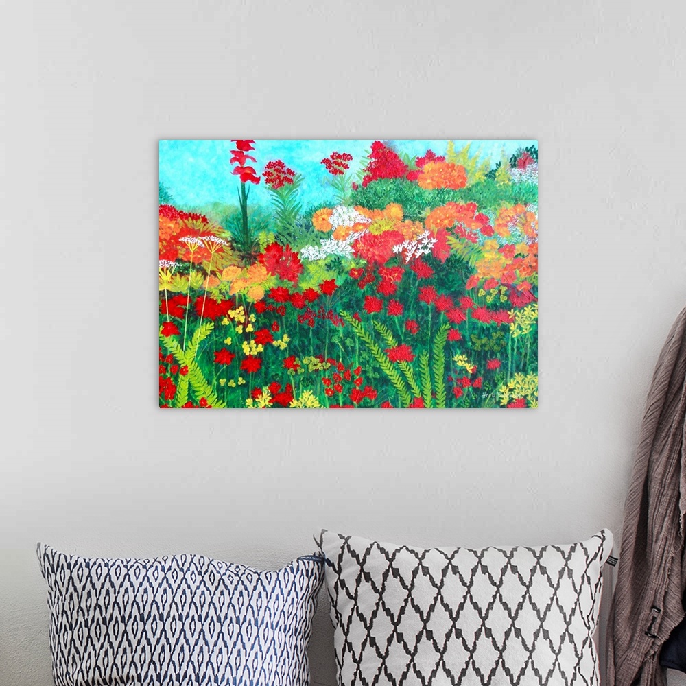 A bohemian room featuring Contemporary painting of a garden with orange, red, and white flowers surrounded by greenery and ...