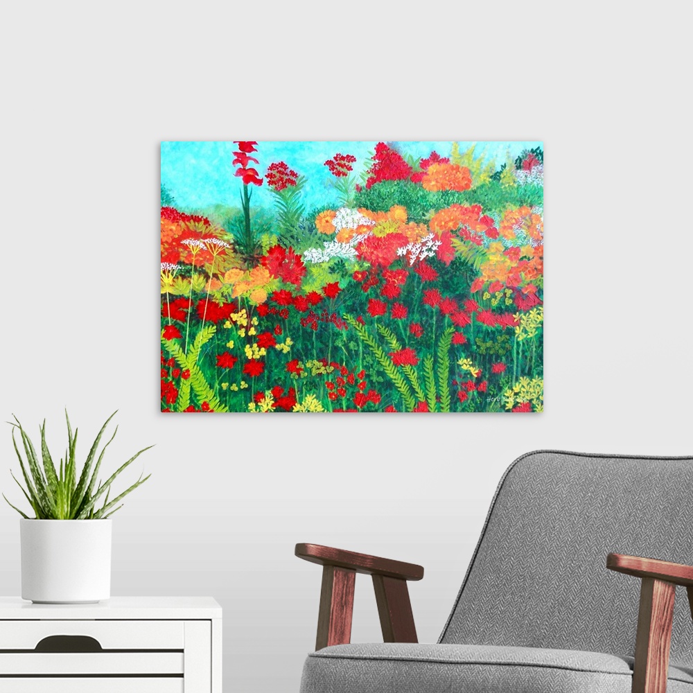 A modern room featuring Contemporary painting of a garden with orange, red, and white flowers surrounded by greenery and ...