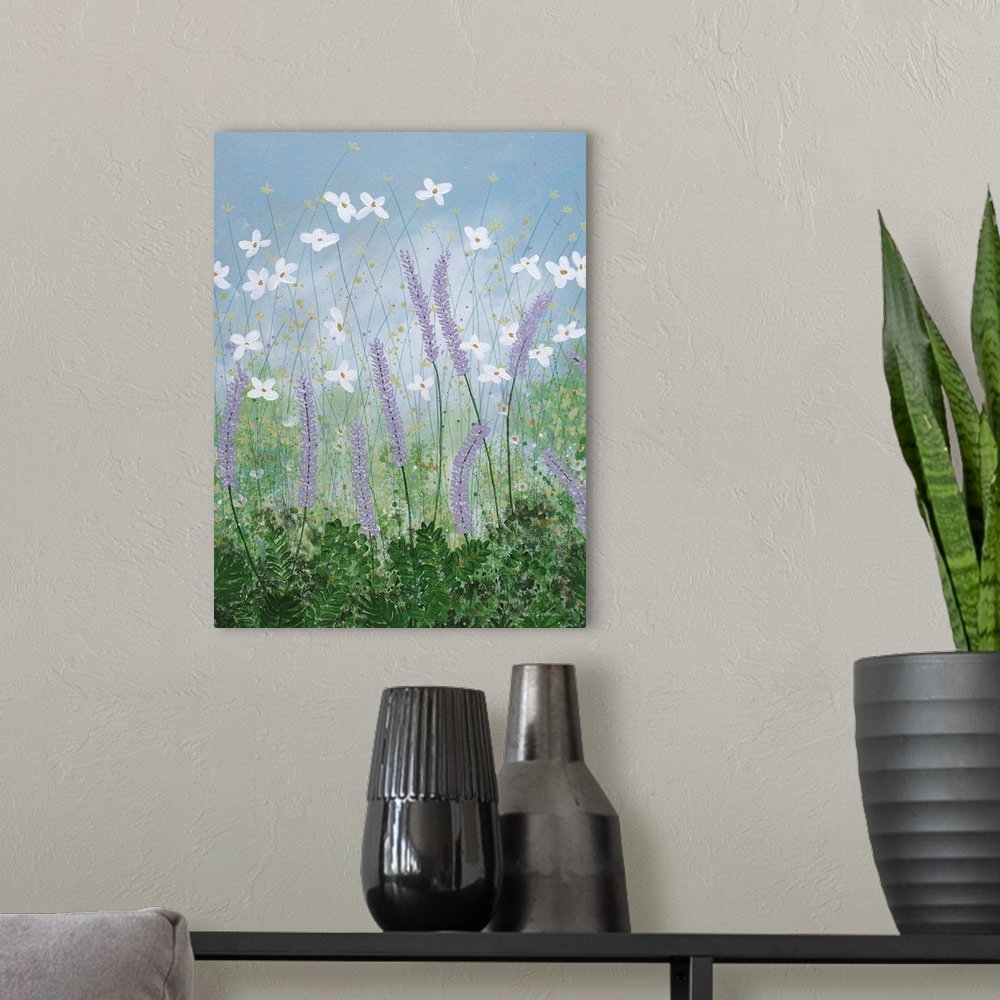 A modern room featuring Contemporary painting of purple, white, and yellow wildflowers in a grassy field with a dusty blu...