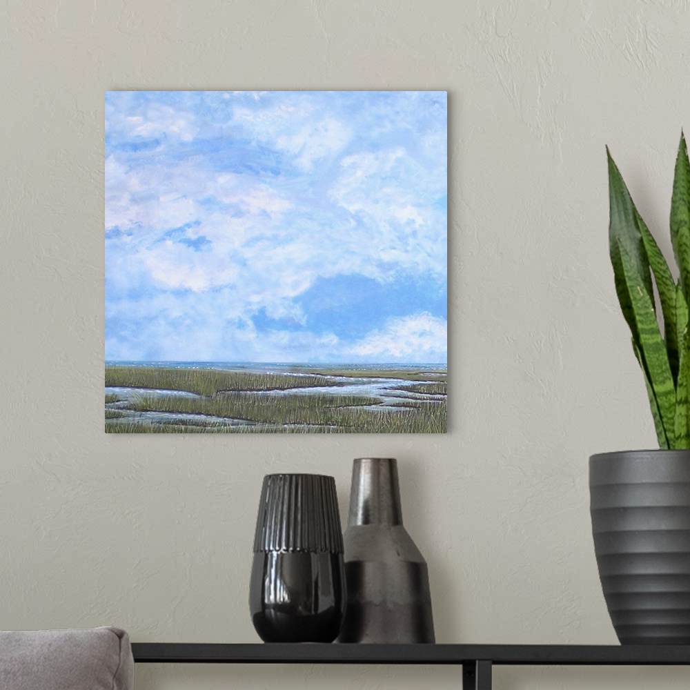 A modern room featuring From the original painting inspired by the coastal waterways of South Carolina.