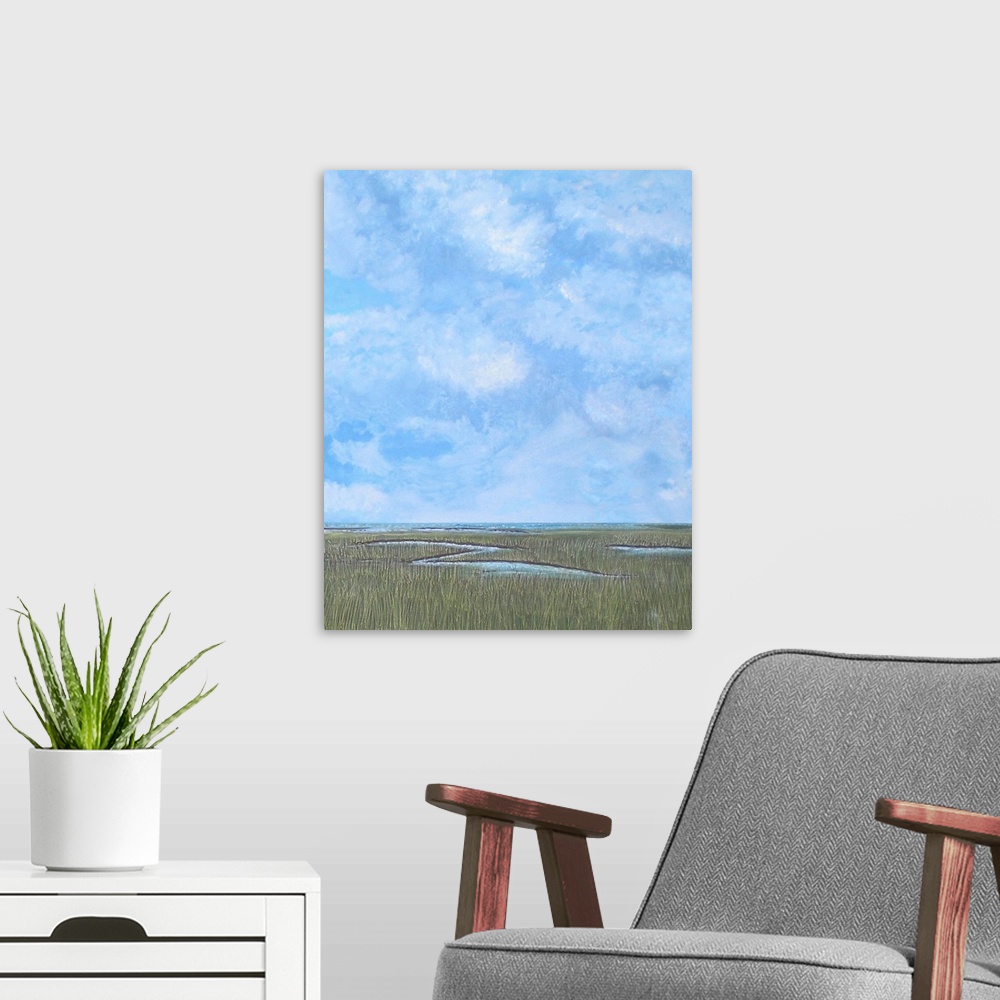 A modern room featuring From the original painting. Coastal II. Inspired by the coastal waterways in South Carolina.