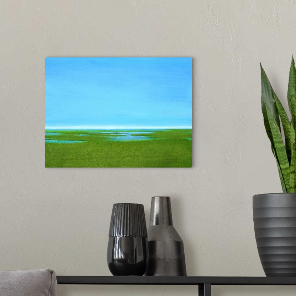 A modern room featuring Contemporary painting of a marsh landscape with clear blue skies above.