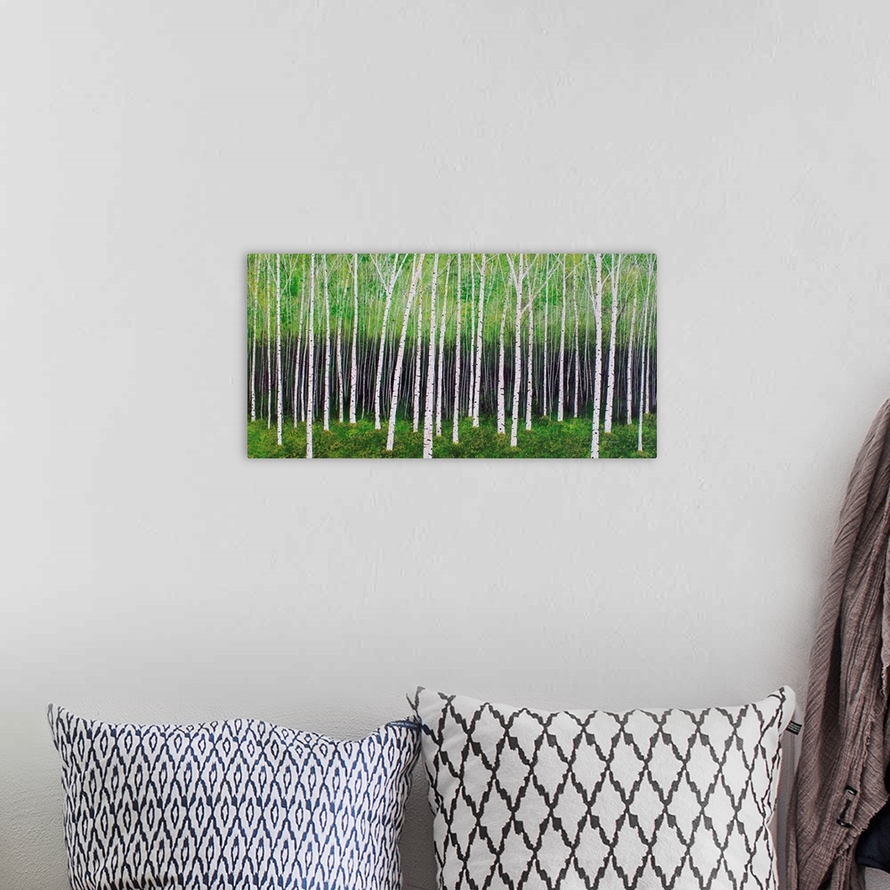 A bohemian room featuring Contemporary painting of lines of trees in a forest with green leaves and grass.
