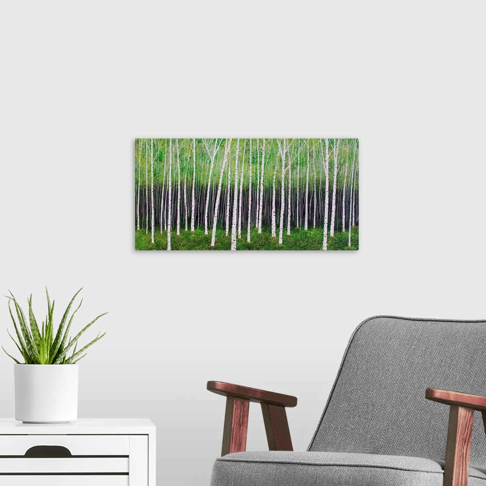 A modern room featuring Contemporary painting of lines of trees in a forest with green leaves and grass.
