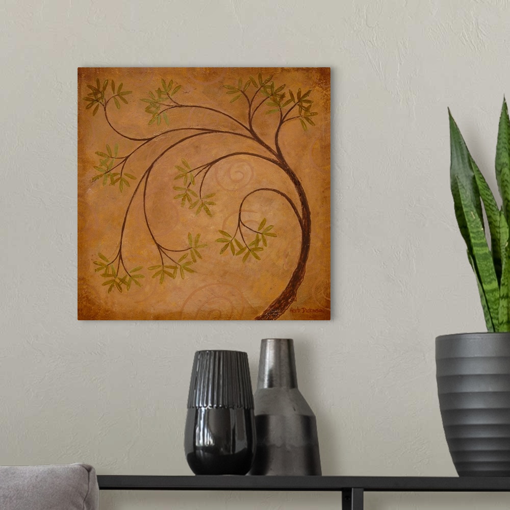 A modern room featuring Square painting of a loose tree with green leaves on a brownish orange background.