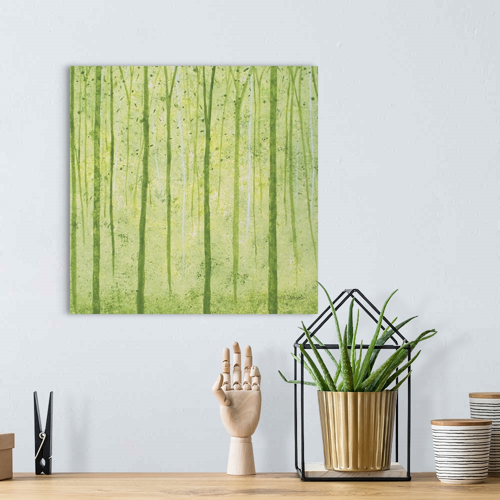 A bohemian room featuring Abstract landscape of tall, skinny tree trunks and falling leaves in shades of green.