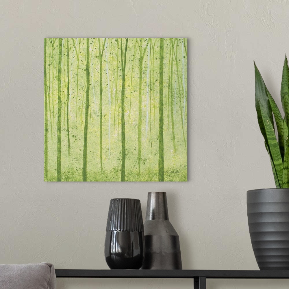 A modern room featuring Abstract landscape of tall, skinny tree trunks and falling leaves in shades of green.