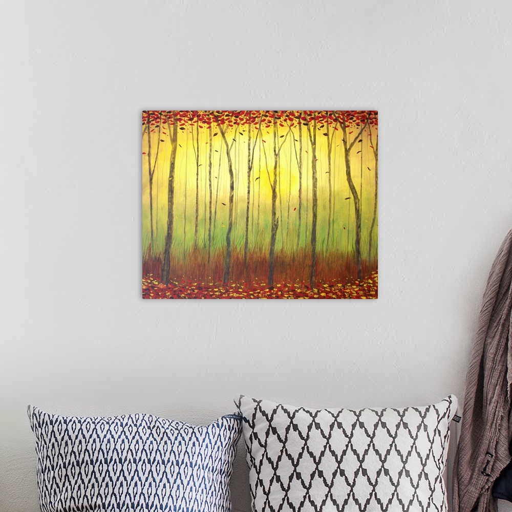 A bohemian room featuring Contemporary painting of an Autumn forest with leaves falling from tall, skinny trees, with yello...