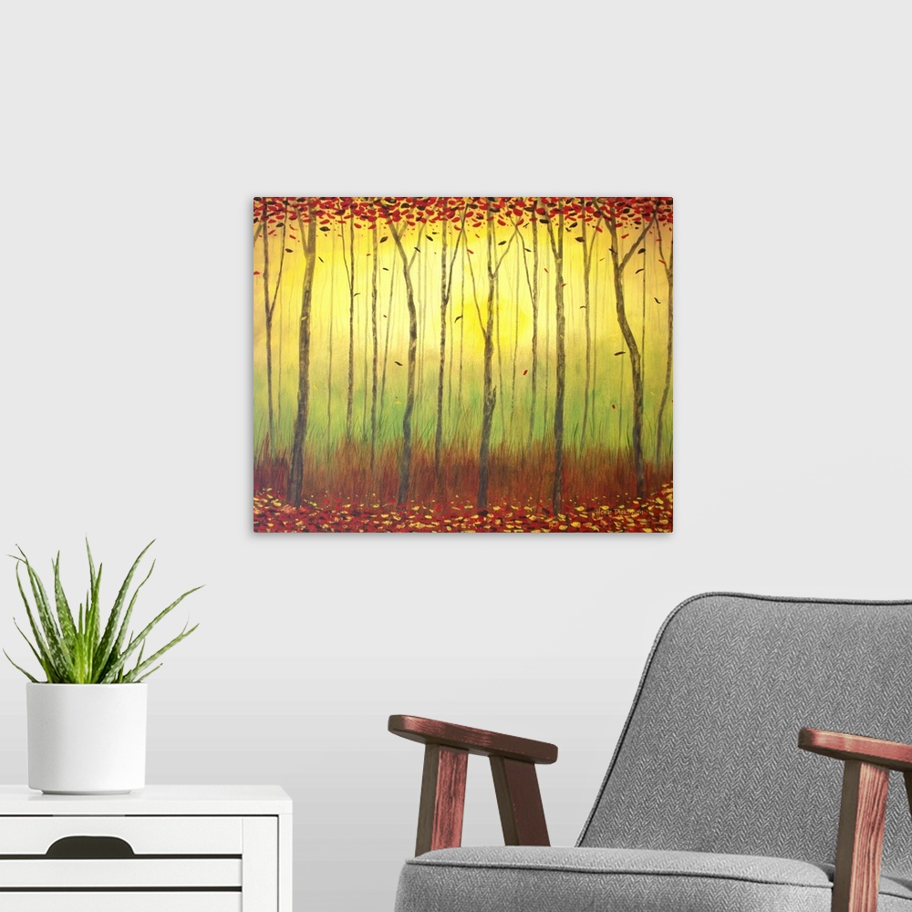 A modern room featuring Contemporary painting of an Autumn forest with leaves falling from tall, skinny trees, with yello...