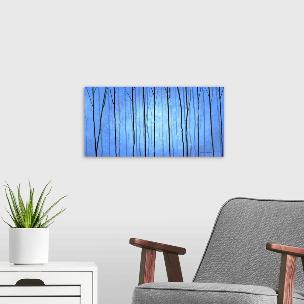 A modern room featuring Abstract landscape in blues and browns.