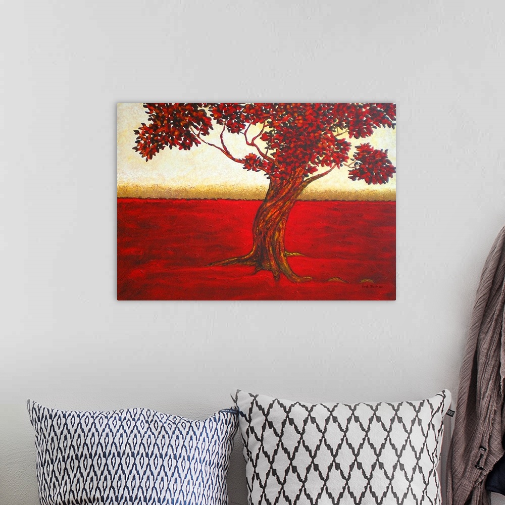 A bohemian room featuring Contemporary painting of a single tree with red tones and red grass with a golden and white sky i...