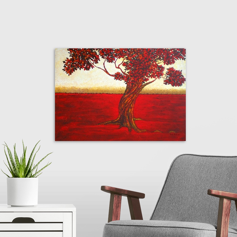A modern room featuring Contemporary painting of a single tree with red tones and red grass with a golden and white sky i...