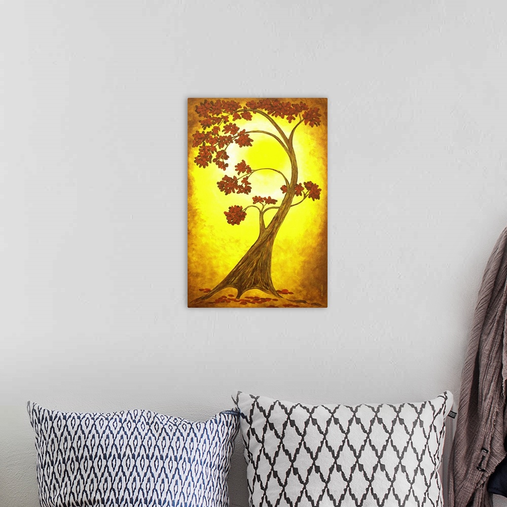A bohemian room featuring Painting of a single curved tree with red leaves on a bright yellow and orange background.