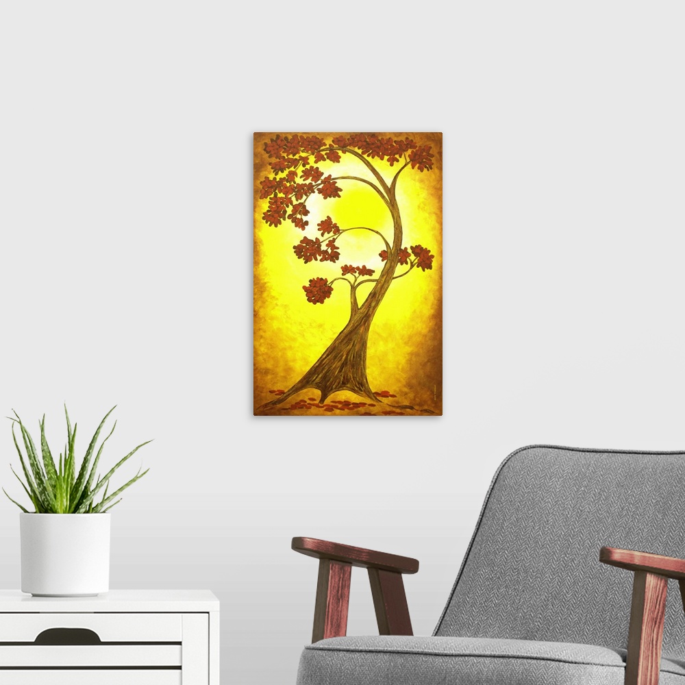 A modern room featuring Painting of a single curved tree with red leaves on a bright yellow and orange background.