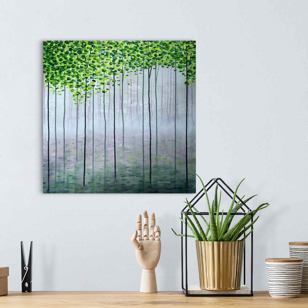 A bohemian room featuring Square painting of tall, skinny trees with leaves in shades of green at the top.