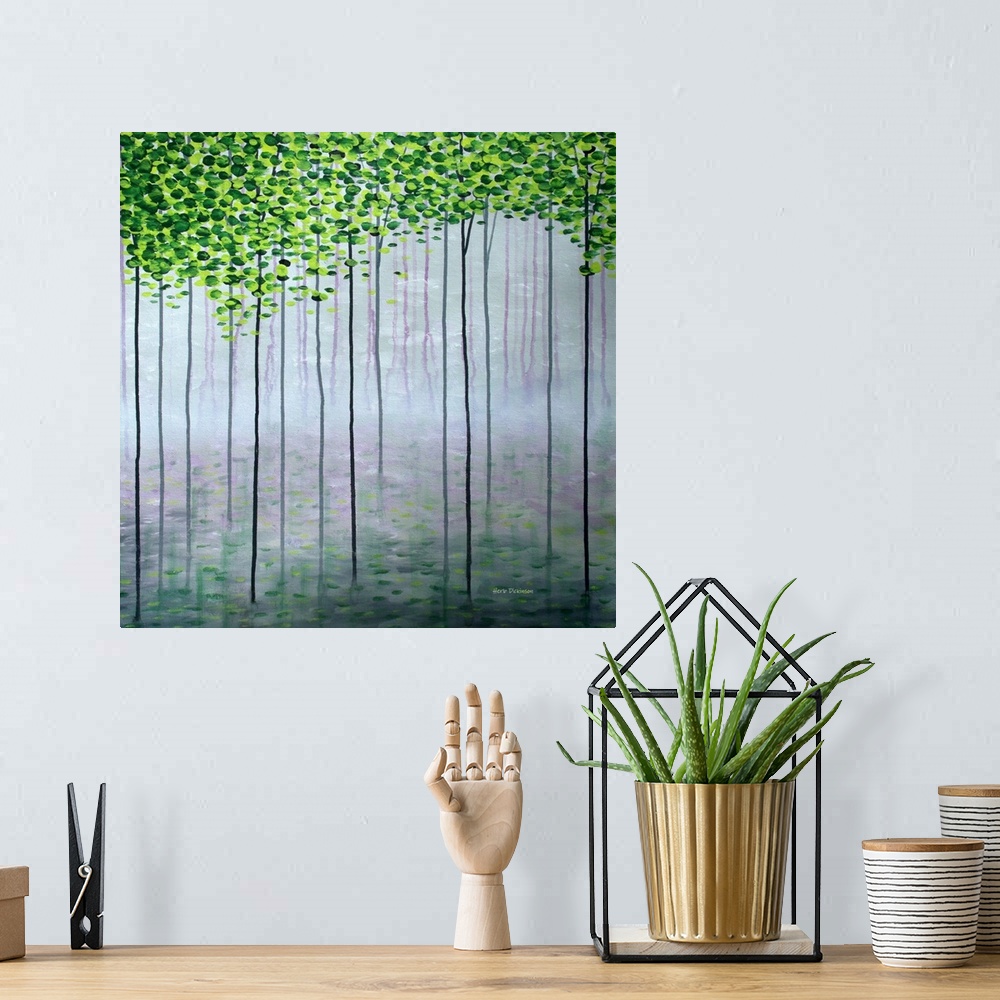 A bohemian room featuring Square painting of tall, skinny trees with leaves in shades of green at the top.