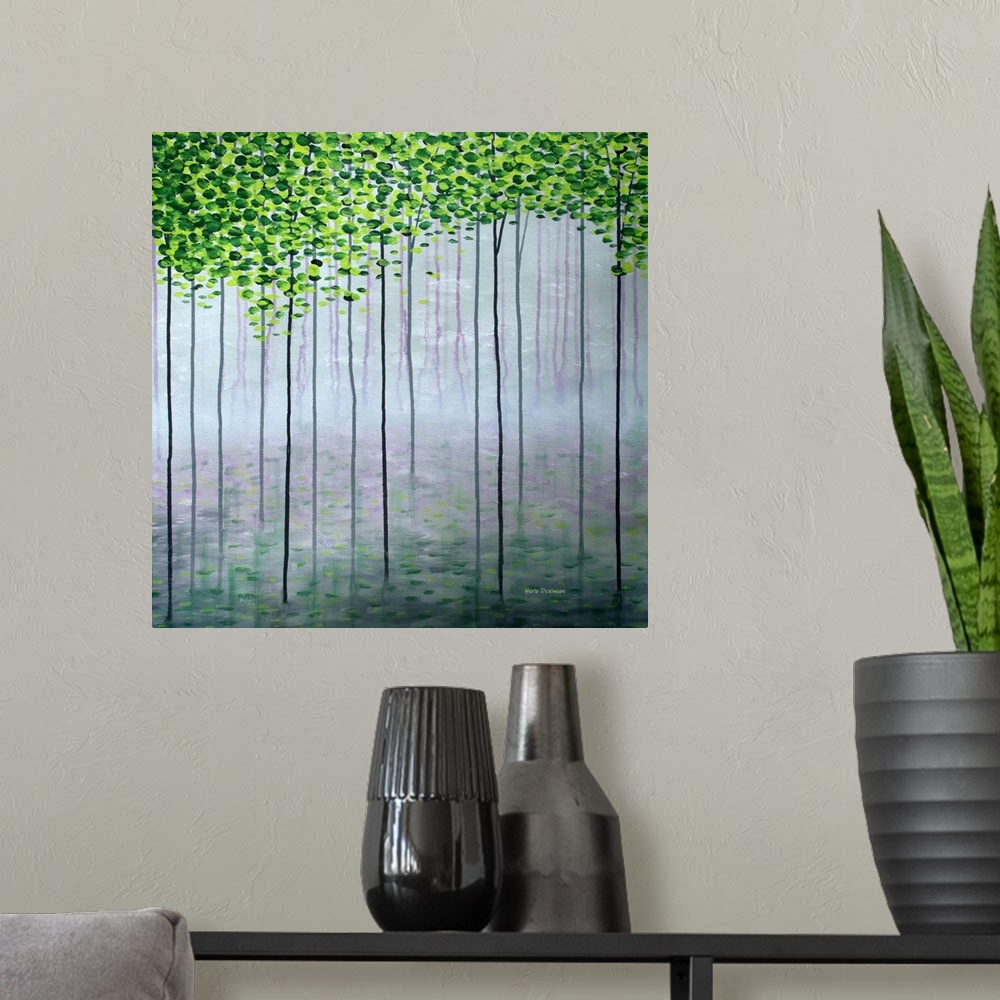 A modern room featuring Square painting of tall, skinny trees with leaves in shades of green at the top.
