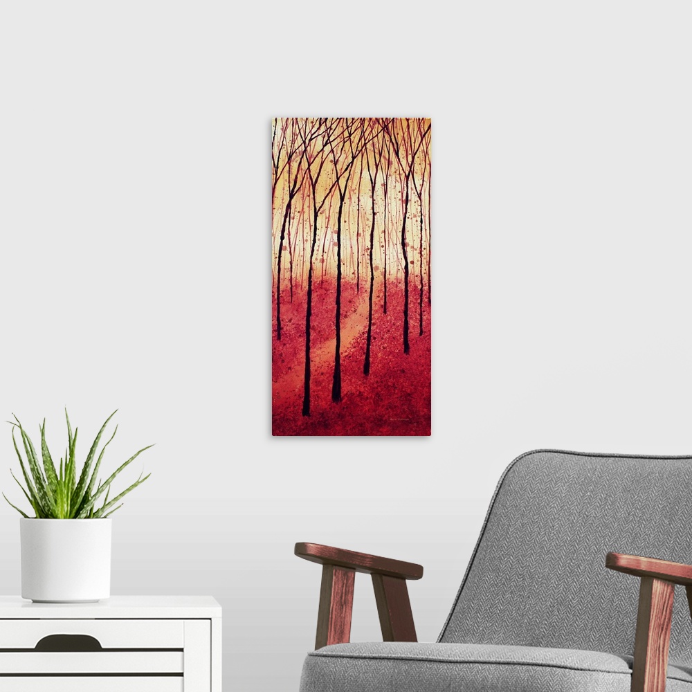 A modern room featuring Panel painting of a tree landscape in shades of red and gold with paint splatter in the background.