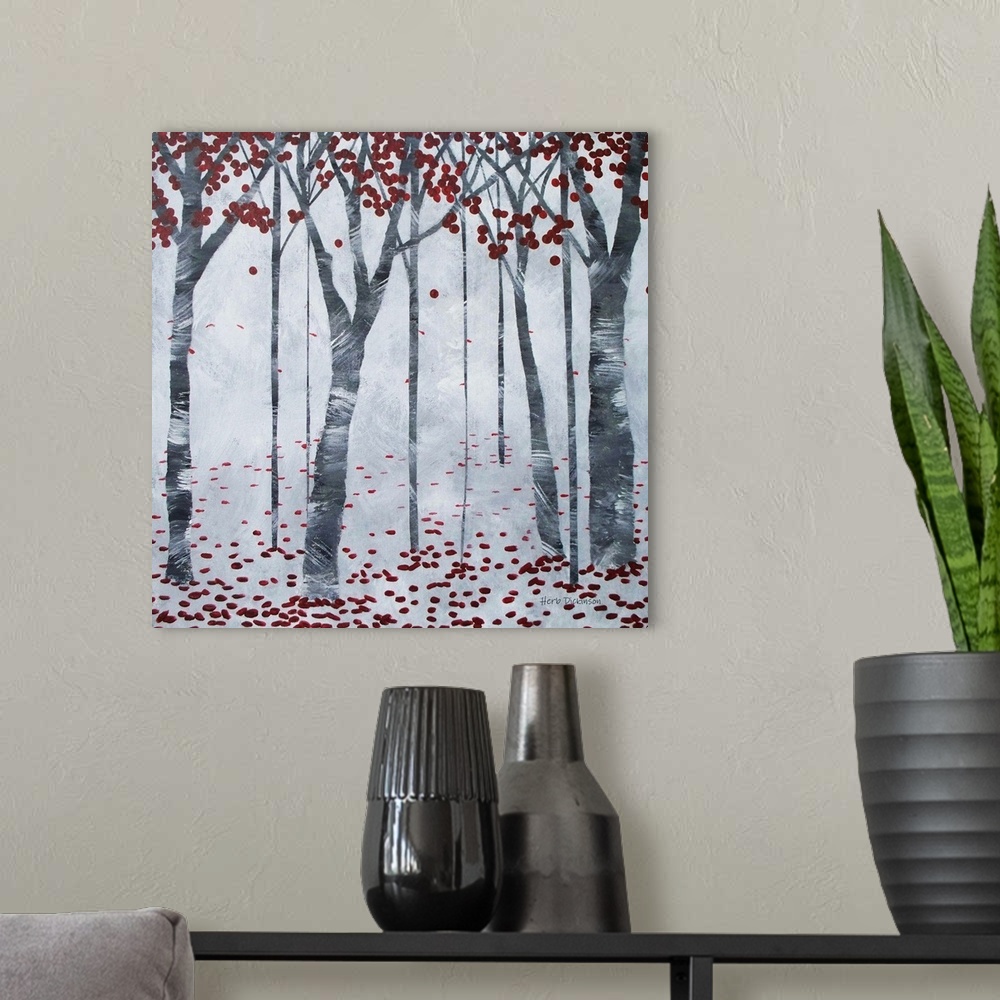 A modern room featuring Autumn landscape with trees and red leaves falling to the ground on a gray background.
