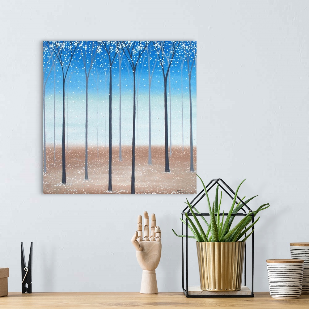 A bohemian room featuring Square minimalist painting of tall, skinny trees with white blossoms falling to the ground.
